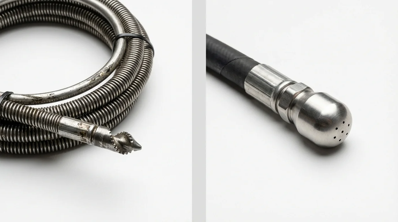 Drain snake cable and hydro jetting nozzle used for drain cleaning in Penrose, CO