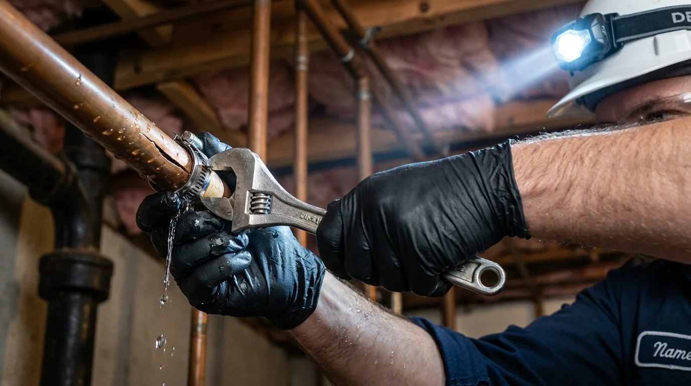 Emergency pipe clamp repair being performed by a Johns Plumbing LLC plumber in Penrose