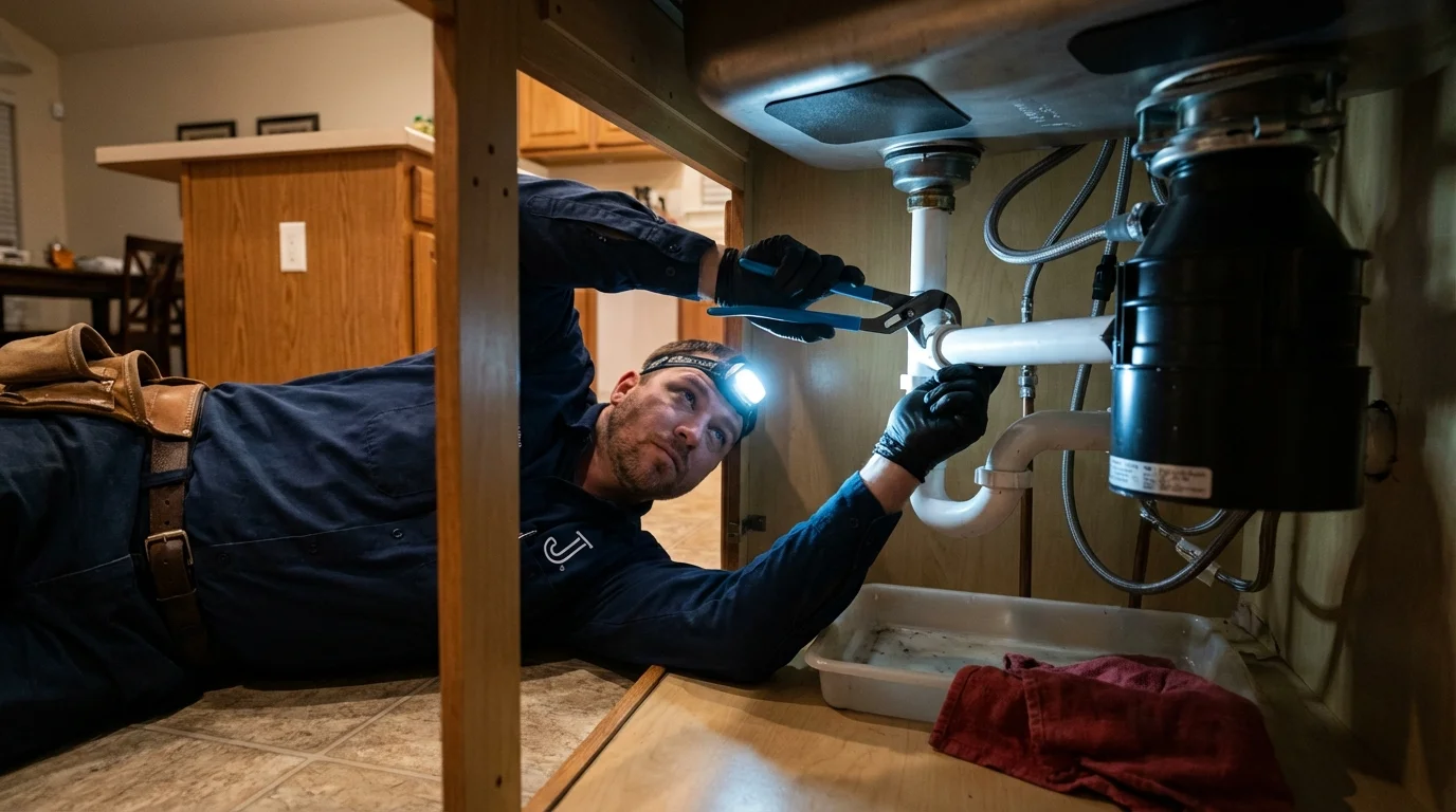 P-trap and supply line connections under a kitchen sink showing a common leak point in Penrose, CO